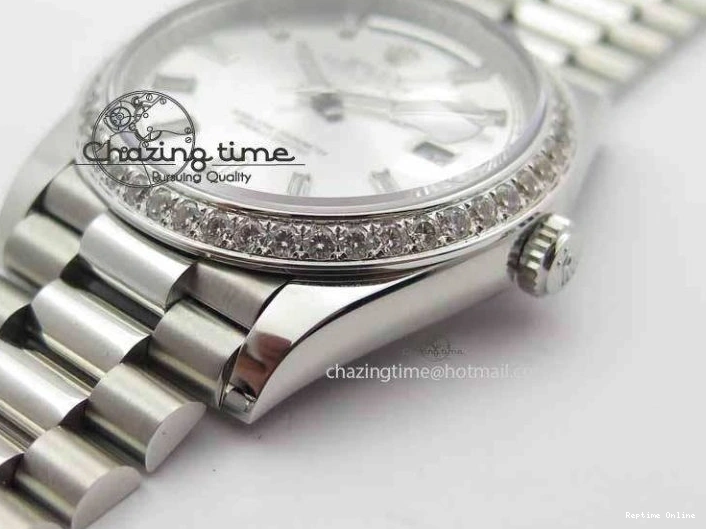 0126 TechFriendly Day Date 40mm SS BP Maker Best Edition Diamond Bezel Silver Dial On SS Bracelet ETA 3696